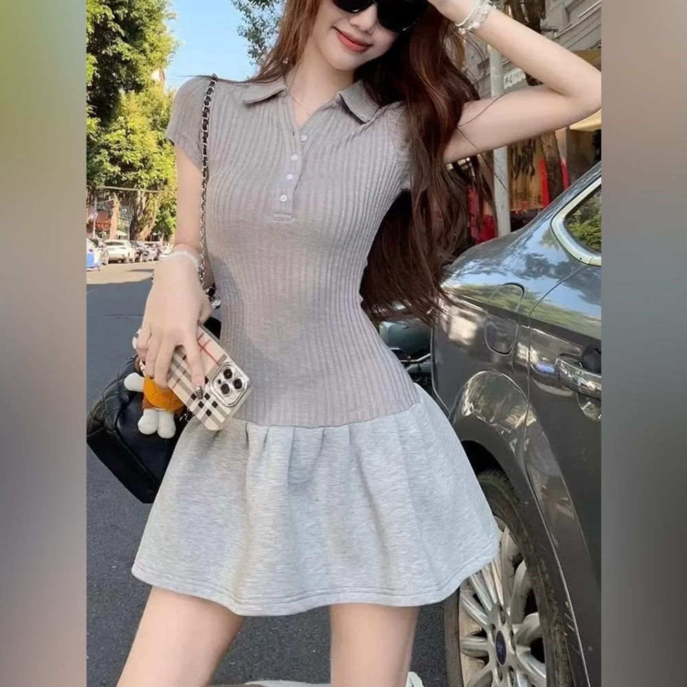 Brand New Gray Ribbed Polo Dress, One Set, size: XS